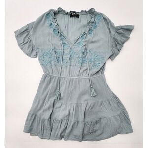 Blue B Boho Baby Doll Mini Dress Top Boho Hippy Peasant Baby Blue L